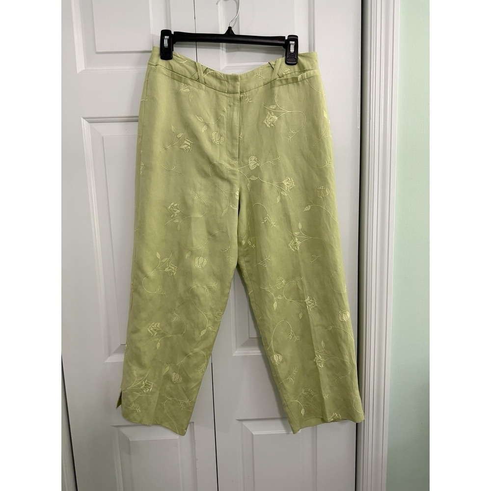 VTG Kim Rogers Linen Rayon Pants Womens Sz 12 Embroidered Floral Green Fairycore